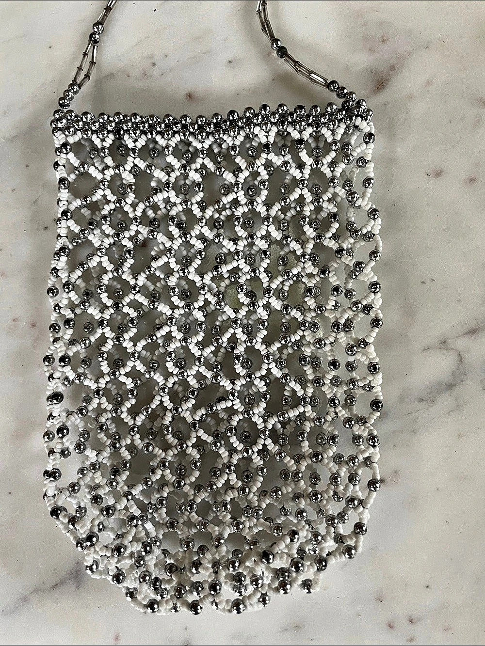 Beaded Crochet Mini Crossbody Bag in White & Silver Beads Phone Holder New